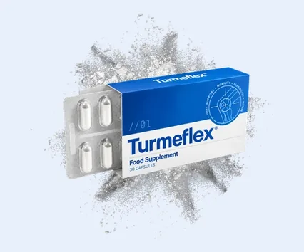Turmeflex box in front of a cloud of golden turmeric powder