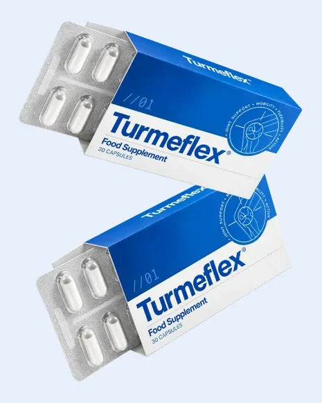 Two boxes of Turmeflex with blisters of capsules